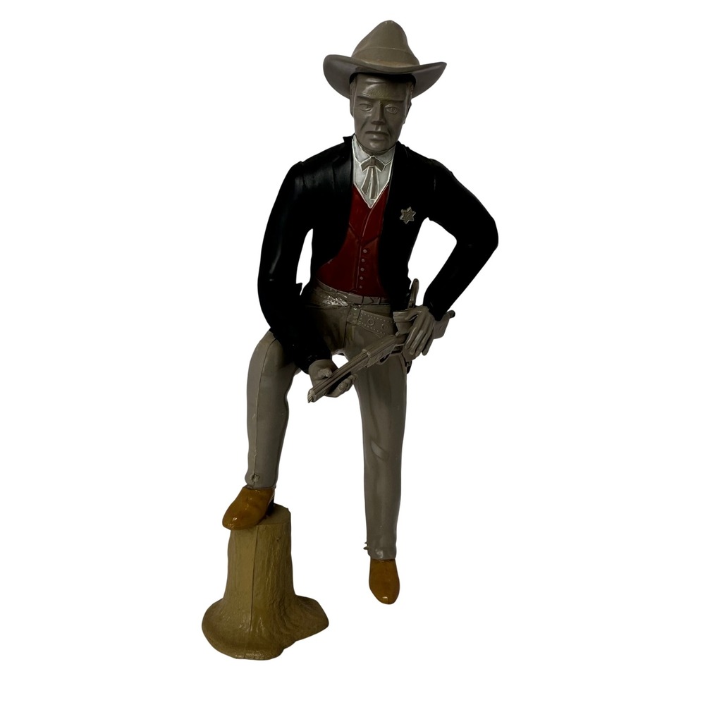 VTG Plastic Wyatt Earp Cowboy Sheriff Figure Lawman with Rifle & Tree Stump Base